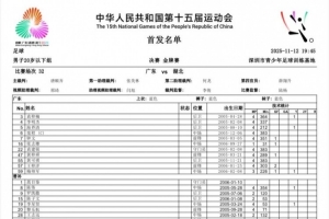 全运男足U20决赛-广东vs湖北首发:梅帅军、韦所为、范绪林登场