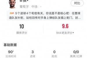 满分评分!B费数据:7射门4射正,传球成功率85%,8次关键传球